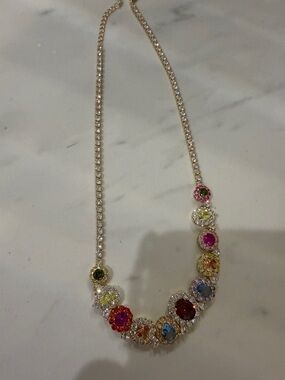 Source Unknown Multi-Color Crystal Necklace with Gold Tone Chain